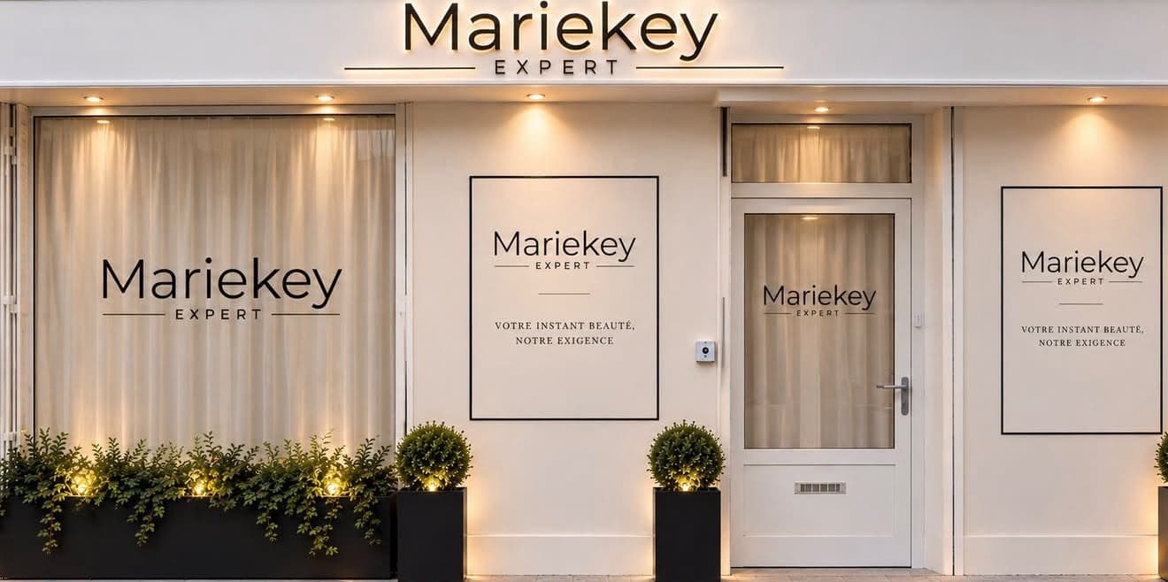 Façade du salon Mariekey Expert, enseigne lumineuse et vitrine aux rideaux clairs